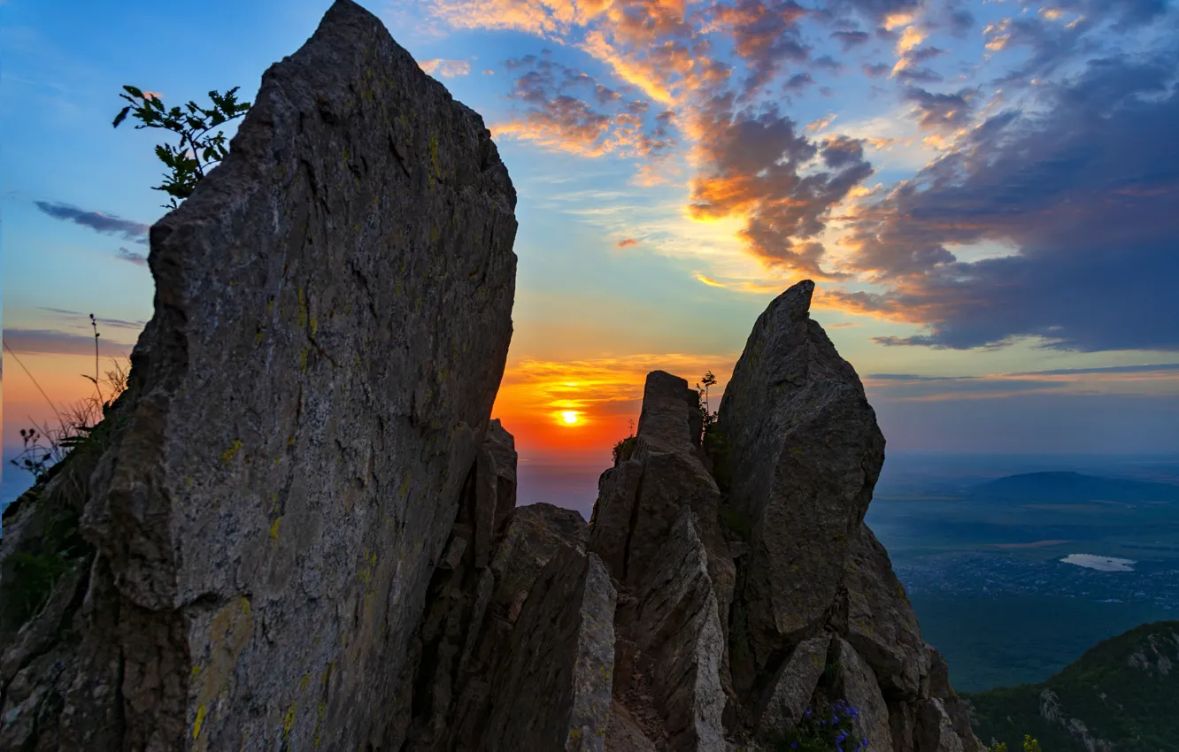 Photo wallpaper the sky, the sun, landscape, mountains, nature, rocks, dawn, morning