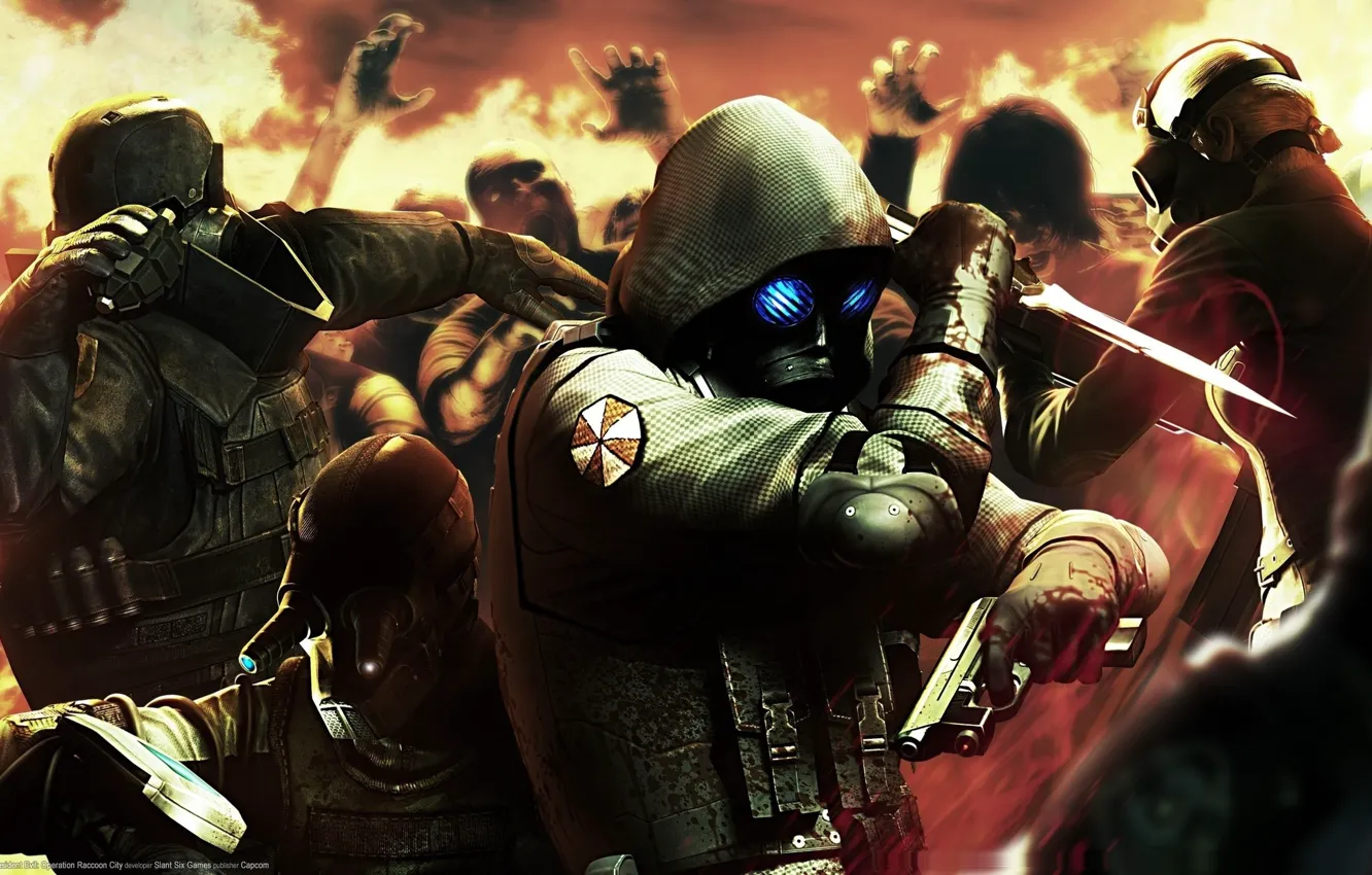 Photo wallpaper gun, battle, knife, umbrella, Resident Evil, equipment