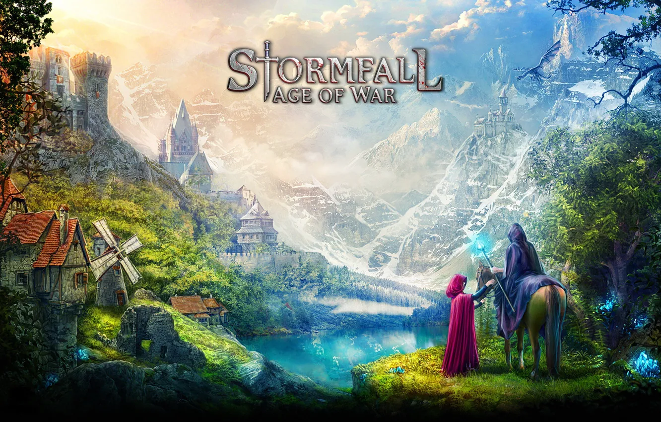 Photo wallpaper game, village, dragon, castle, vegetation, hood, montain, mahou