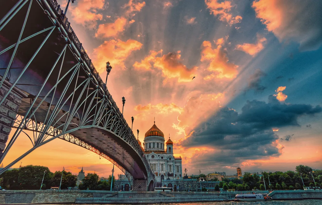 Photo wallpaper sunset, bridge, the city, river, Moscow, temple, The Cathedral Of Christ The Savior, Alexander Shandov