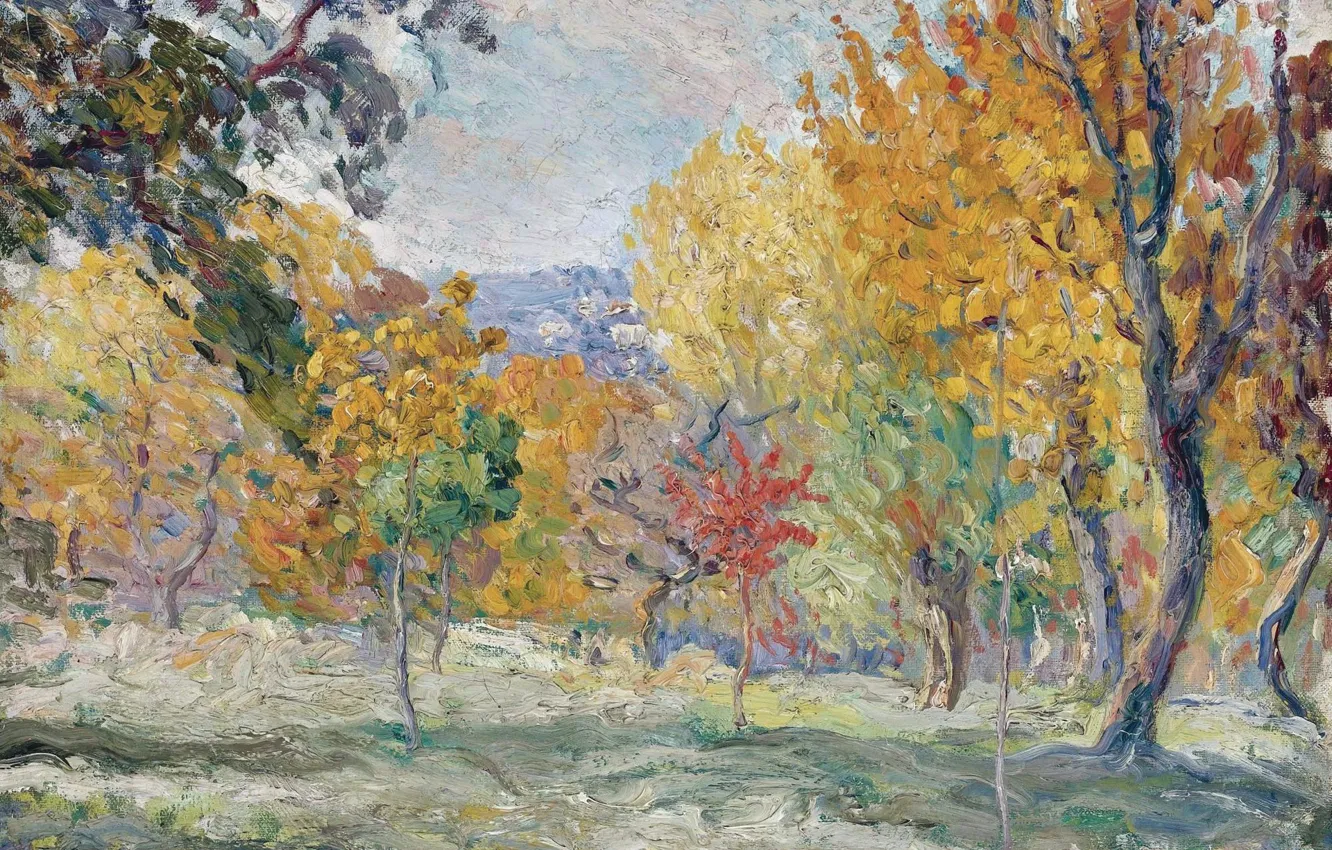Photo wallpaper autumn, trees, landscape, picture, Henri Lebacq, Landscape with Trees