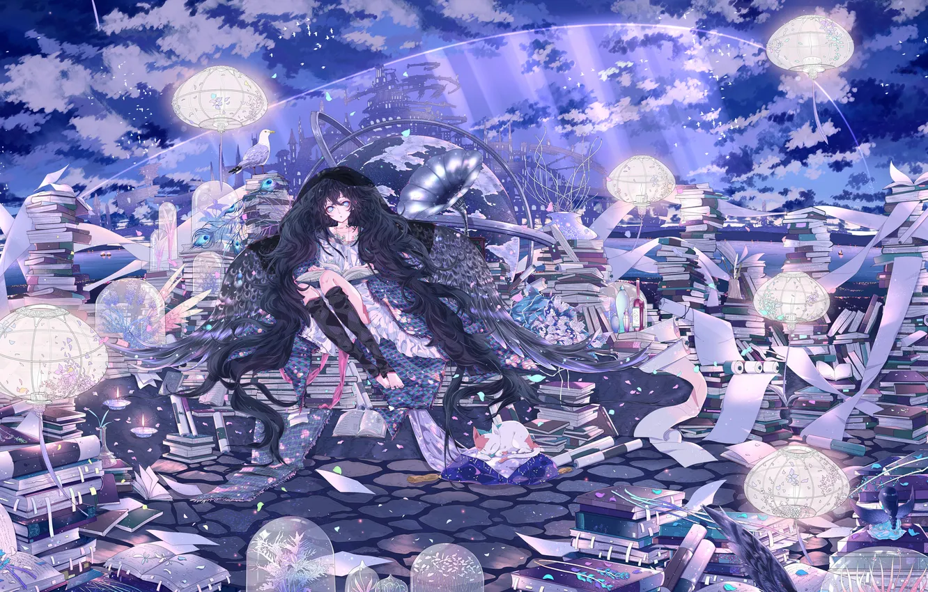 Photo wallpaper the sky, cat, girl, clouds, light, lake, bird, pillow