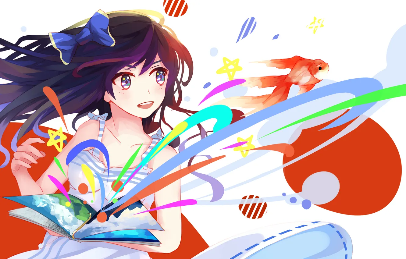 Photo wallpaper girl, joy, paint, fish, anime, art, book, .l.l