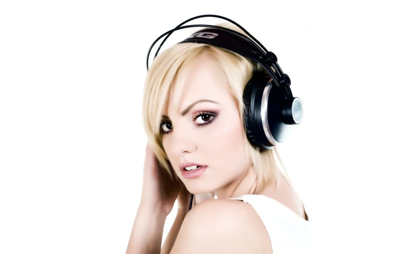 Photo wallpaper white, look, background, black, headphones, blonde