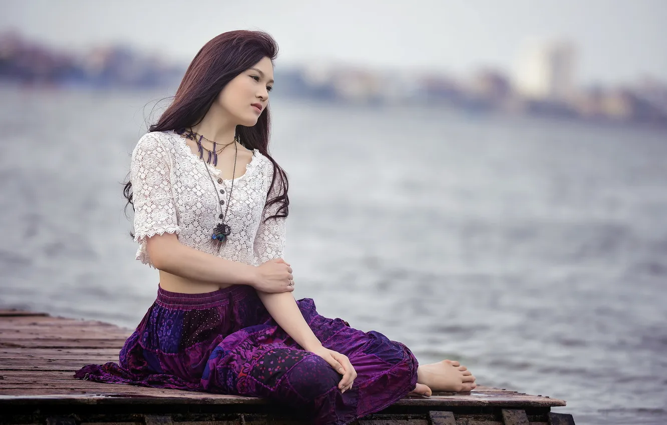 Photo wallpaper girl, lake, mood