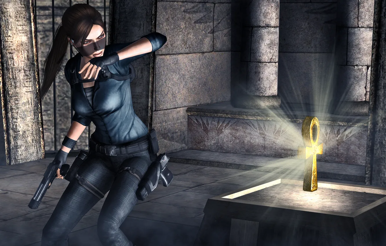 Photo wallpaper girl, light, gun, weapons, the game, temple, Tomb Raider, Lara Croft