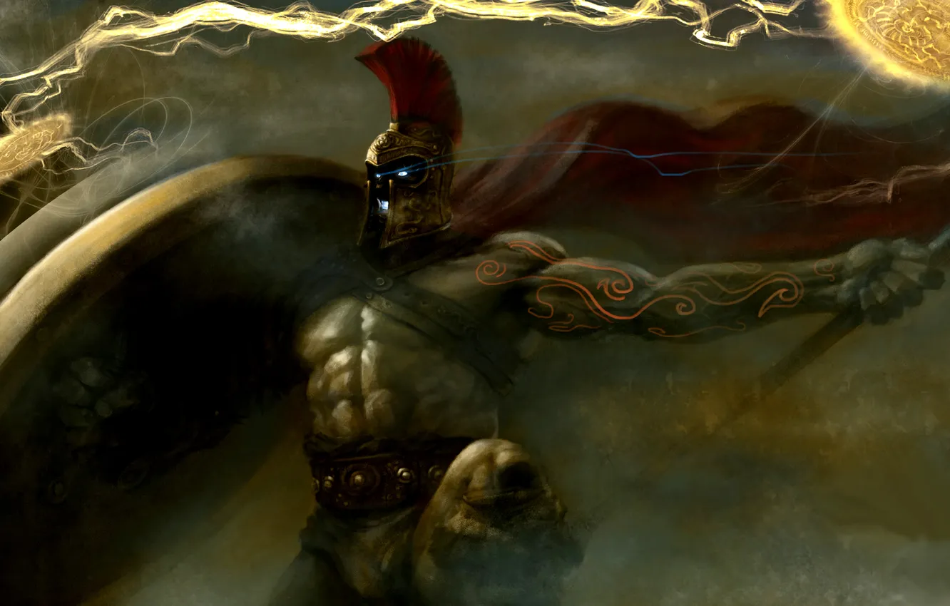 Photo wallpaper magic, warrior, tattoo, belt, helmet, spear, shield, muscles