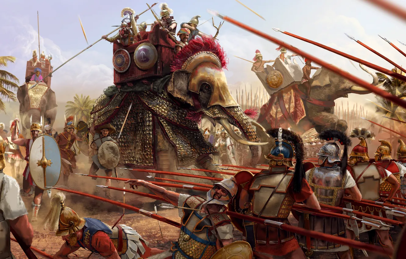 Photo wallpaper death, weapons, attack, elephant, armor, battle, warrior, soldiers