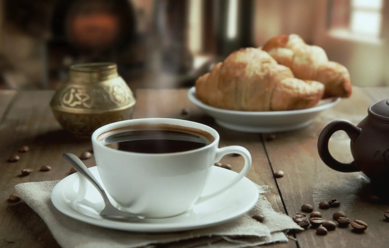Photo wallpaper table, coffee, Cup, drink, saucer, grain, napkin, croissants