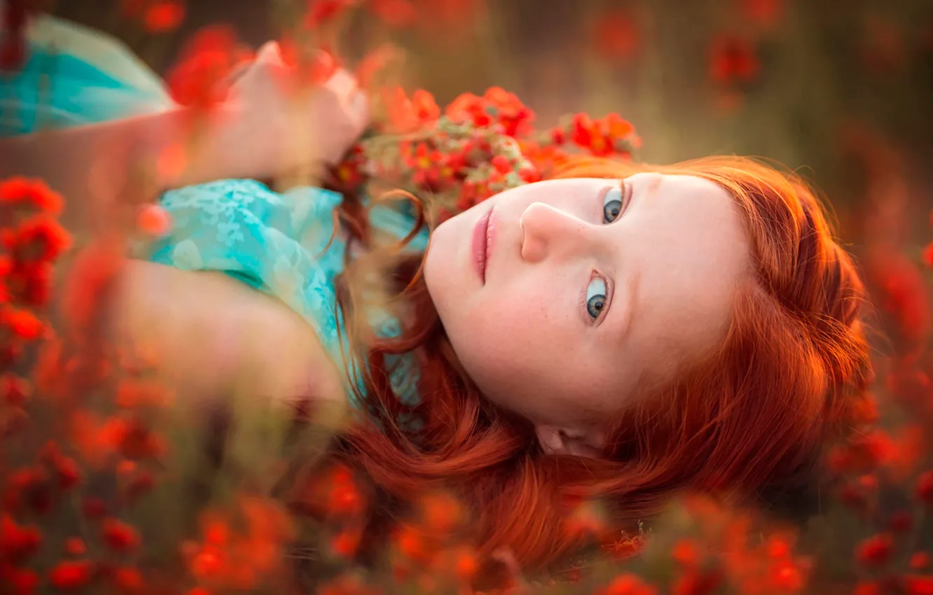 Photo wallpaper girl, freckles, flowers, redhead