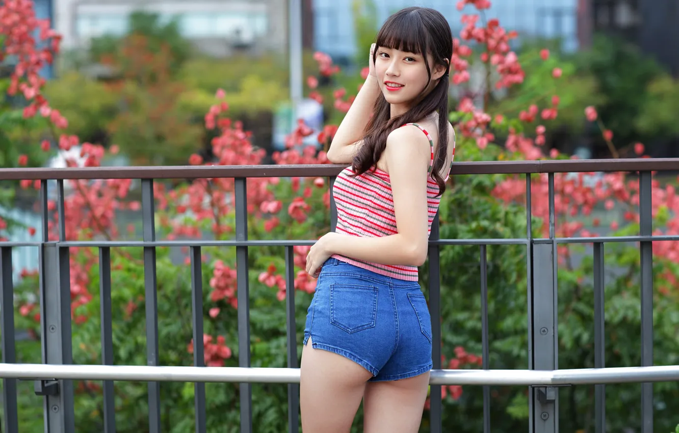 Photo wallpaper pose, smile, fence, Asian, gesture, long hair, denim shorts, slim figure