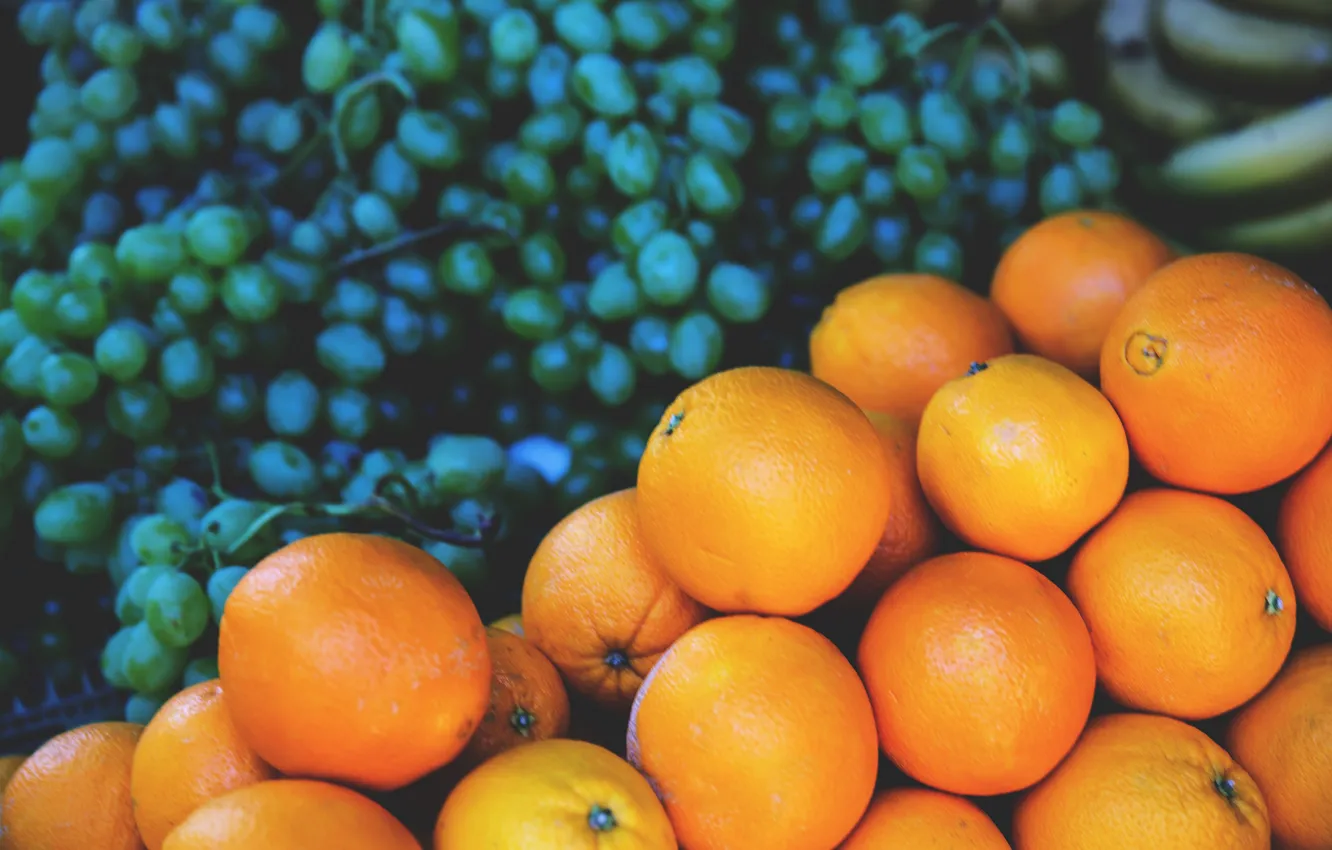 Photo wallpaper oranges, grapes, fruit