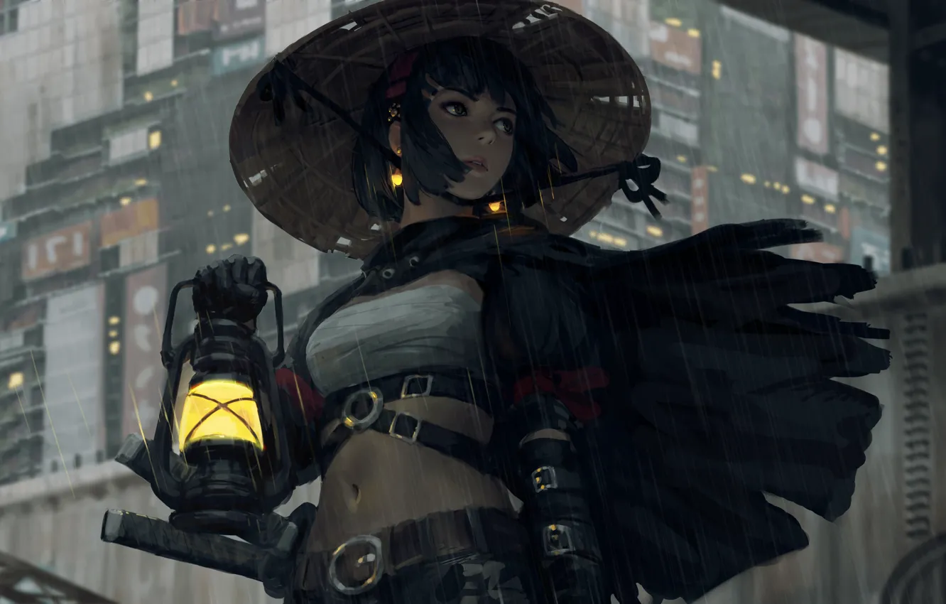 Photo wallpaper girl, sword, fantasy, rain, hat, katana, samurai, digital art