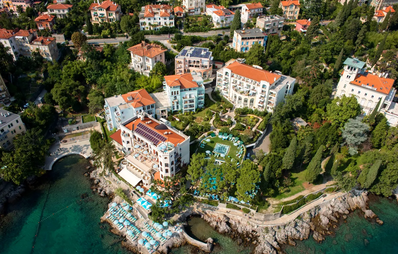 Photo wallpaper road, trees, stones, shore, home, the view from the top, Croatia, Opatija