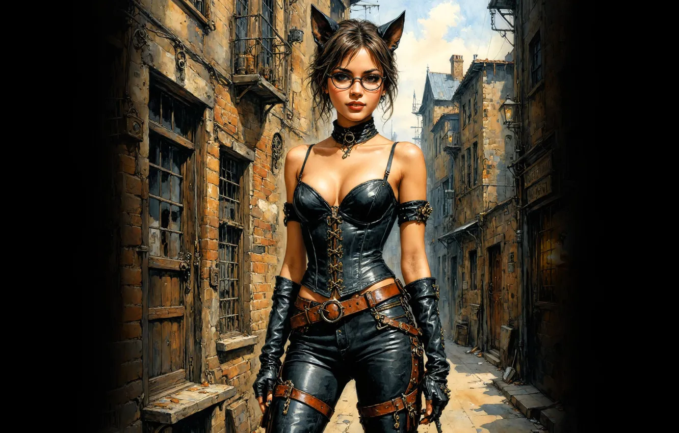Photo wallpaper girl, the city, street, home, leather, outfit, gloves, top