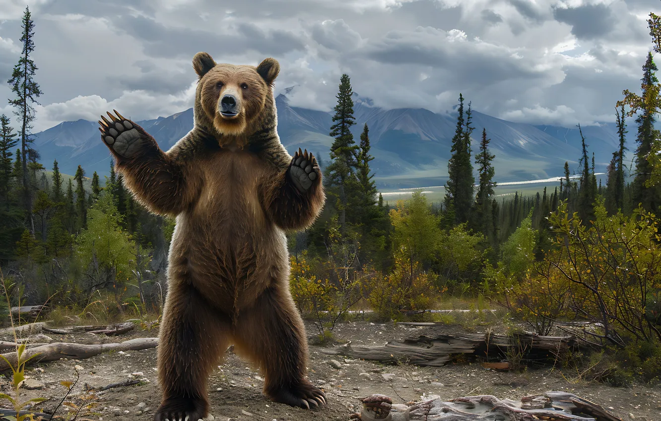 Photo wallpaper clouds, trees, mountains, predator, paws, bear, claws, brown bear