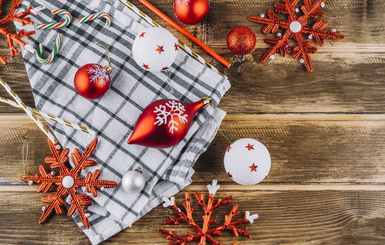 Photo wallpaper balls, snowflakes, red, Board, new year, towel, pencils, Christmas