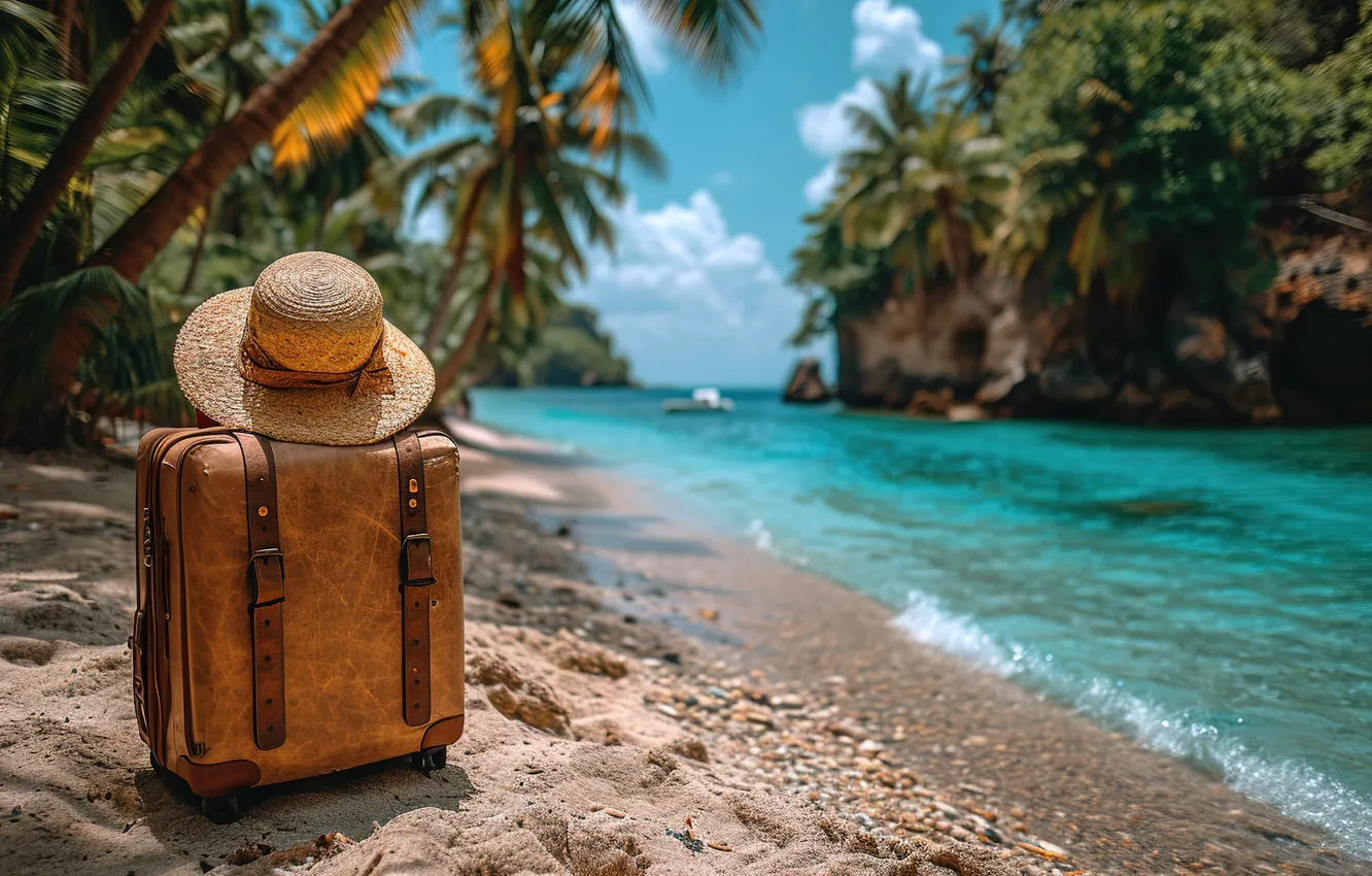 Photo wallpaper sand, sea, wave, beach, summer, the sky, palm trees, shore