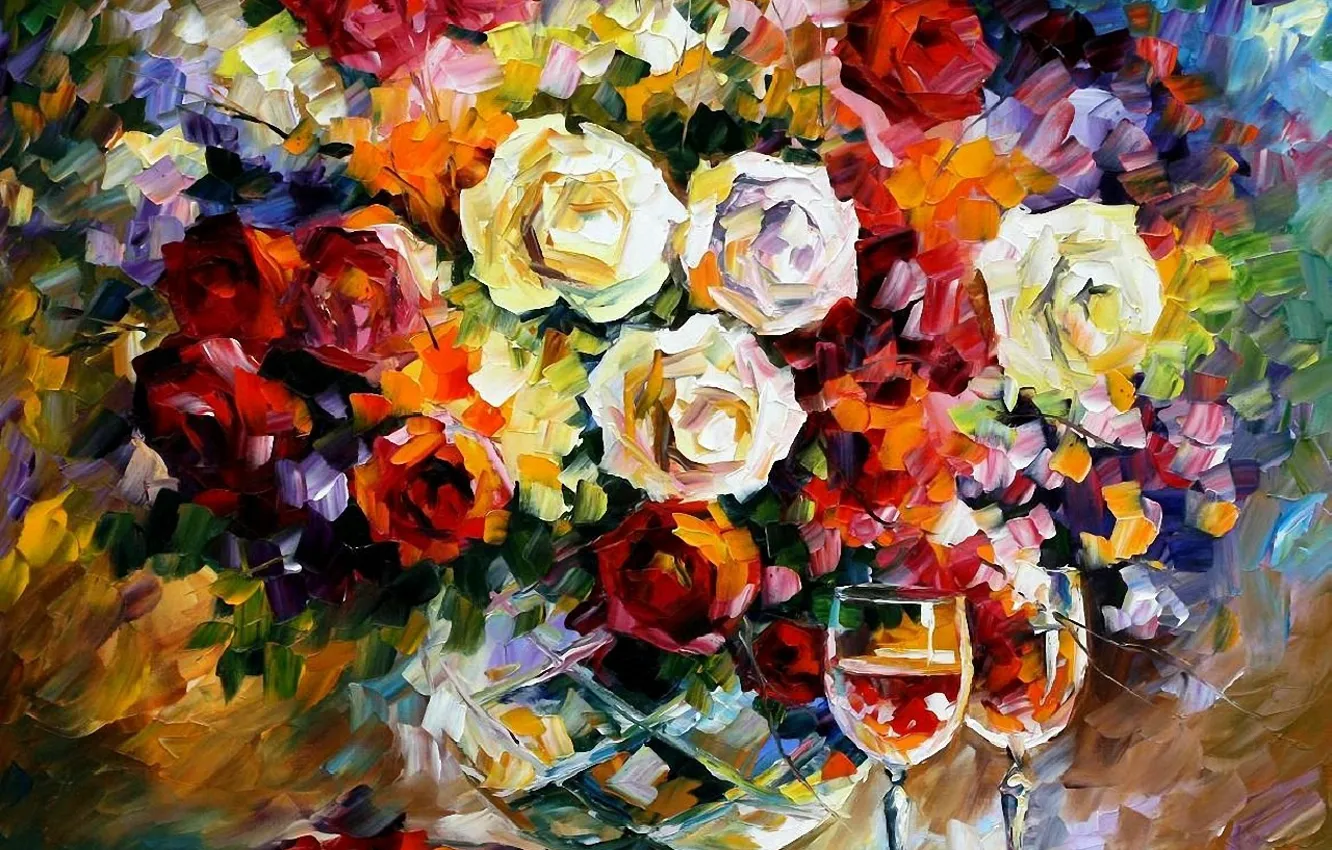 Photo wallpaper figure, roses, bouquet, glasses, oil