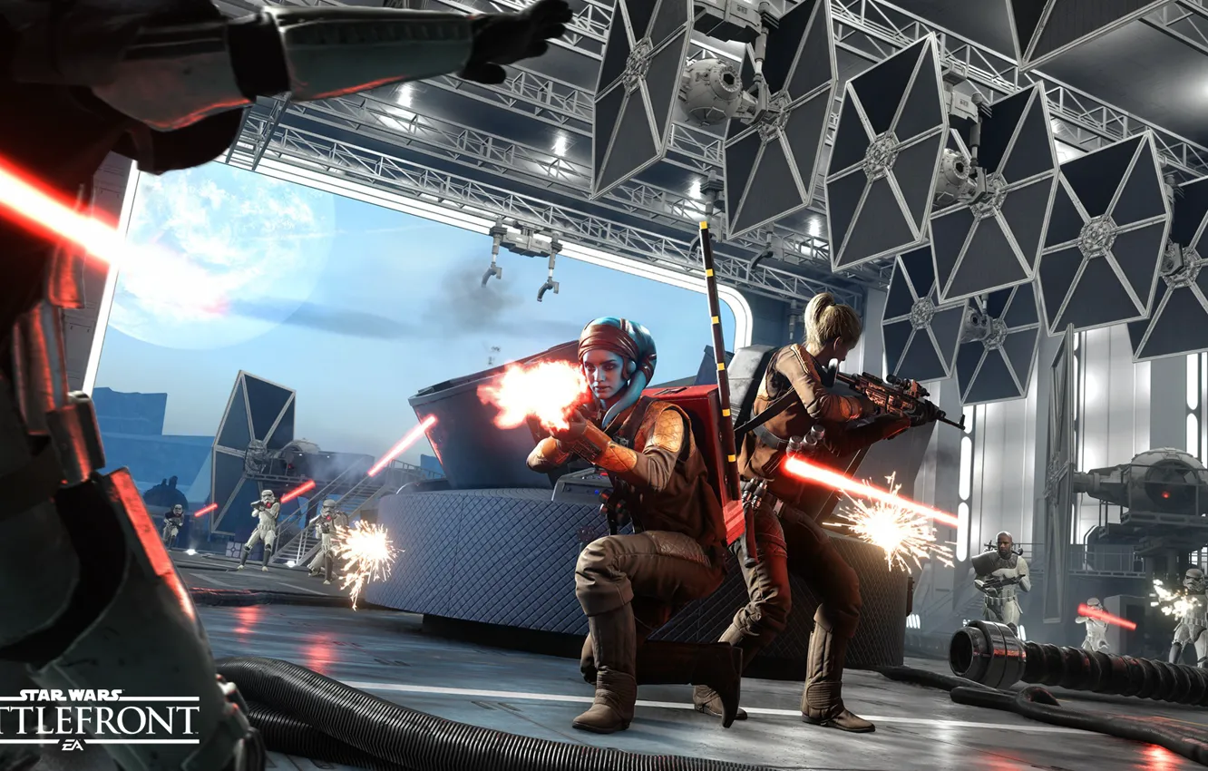 Photo wallpaper the game, attack, Electronic Arts, DICE, Stormtroopers, tie-fighter, star wars battlefront, twi'lek
