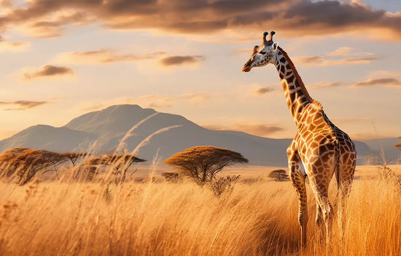 Photo wallpaper grass, clouds, trees, giraffe, digital art, AI art, The Art of Artificial Intelligence, neural network