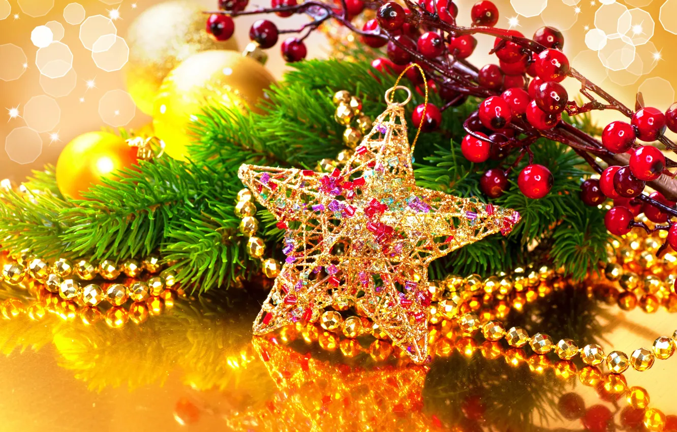 Photo wallpaper stars, decoration, branches, reflection, berries, beads