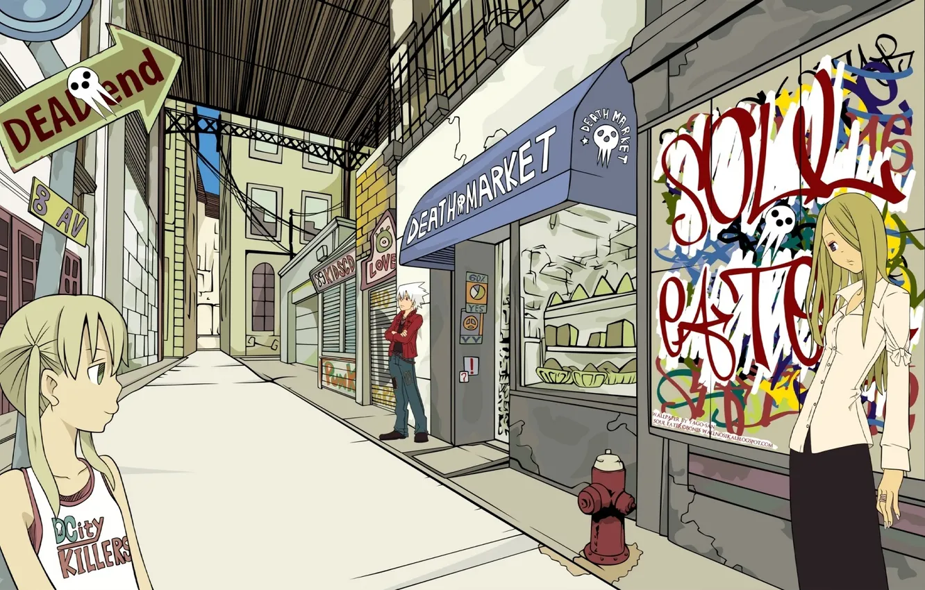 Photo wallpaper street, anime, girl, guy, shop, Soul Eater