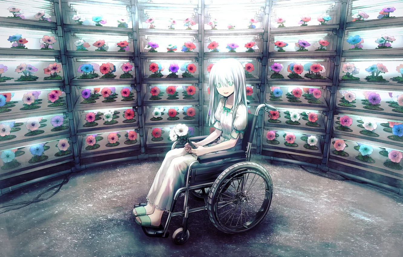 Photo wallpaper girl, flowers, smile, wire, anime, art, stroller, kurobe the gekka I