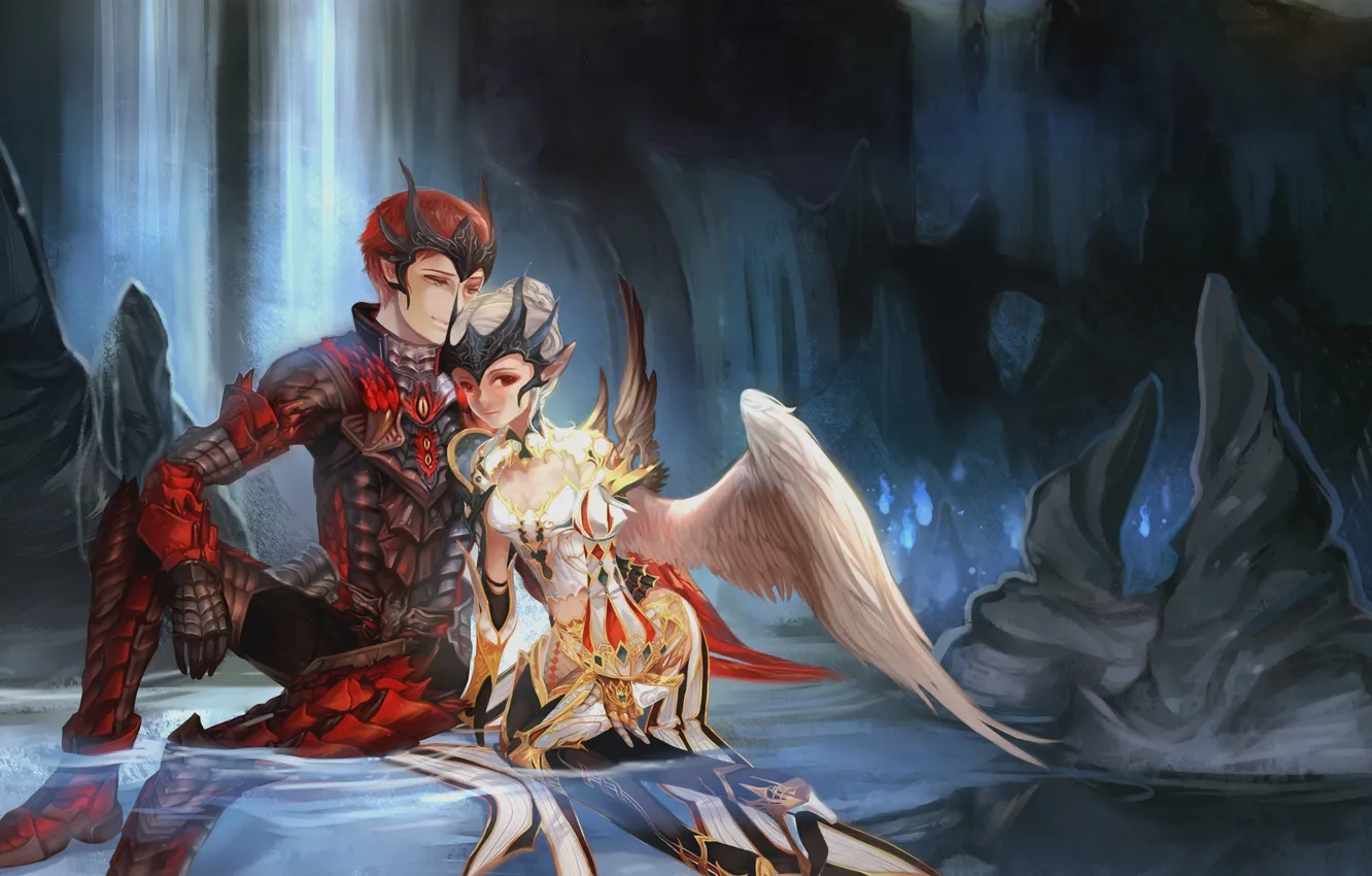 Photo wallpaper water, girl, wings, guy