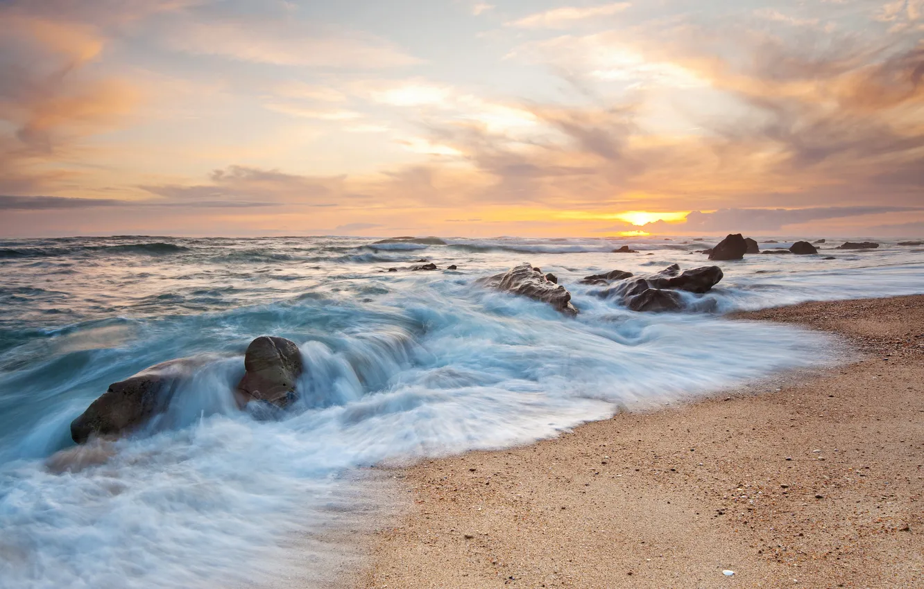 Photo wallpaper sand, sea, stones, dawn, shore, Portugal, Figueira Da Foz