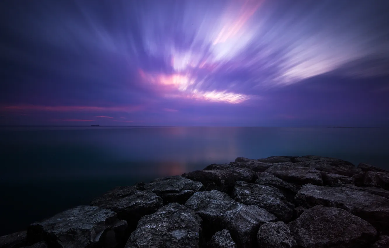 Photo wallpaper sea, the sky, clouds, night, stones, rocks