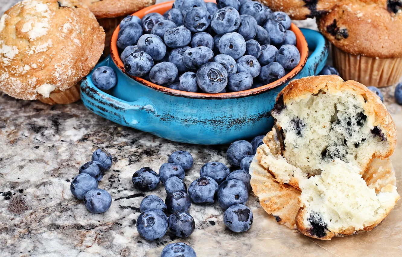 Photo wallpaper berries, blueberries, fresh, cakes, cupcakes, blueberry, berries, muffins