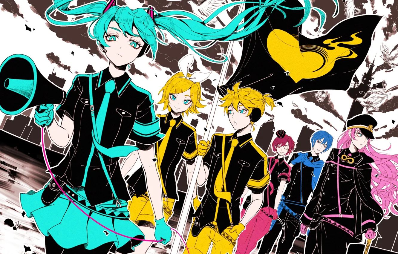 Photo wallpaper flag, Vocaloid, Vocaloid, characters, Rin, Hatsune Miku, Len