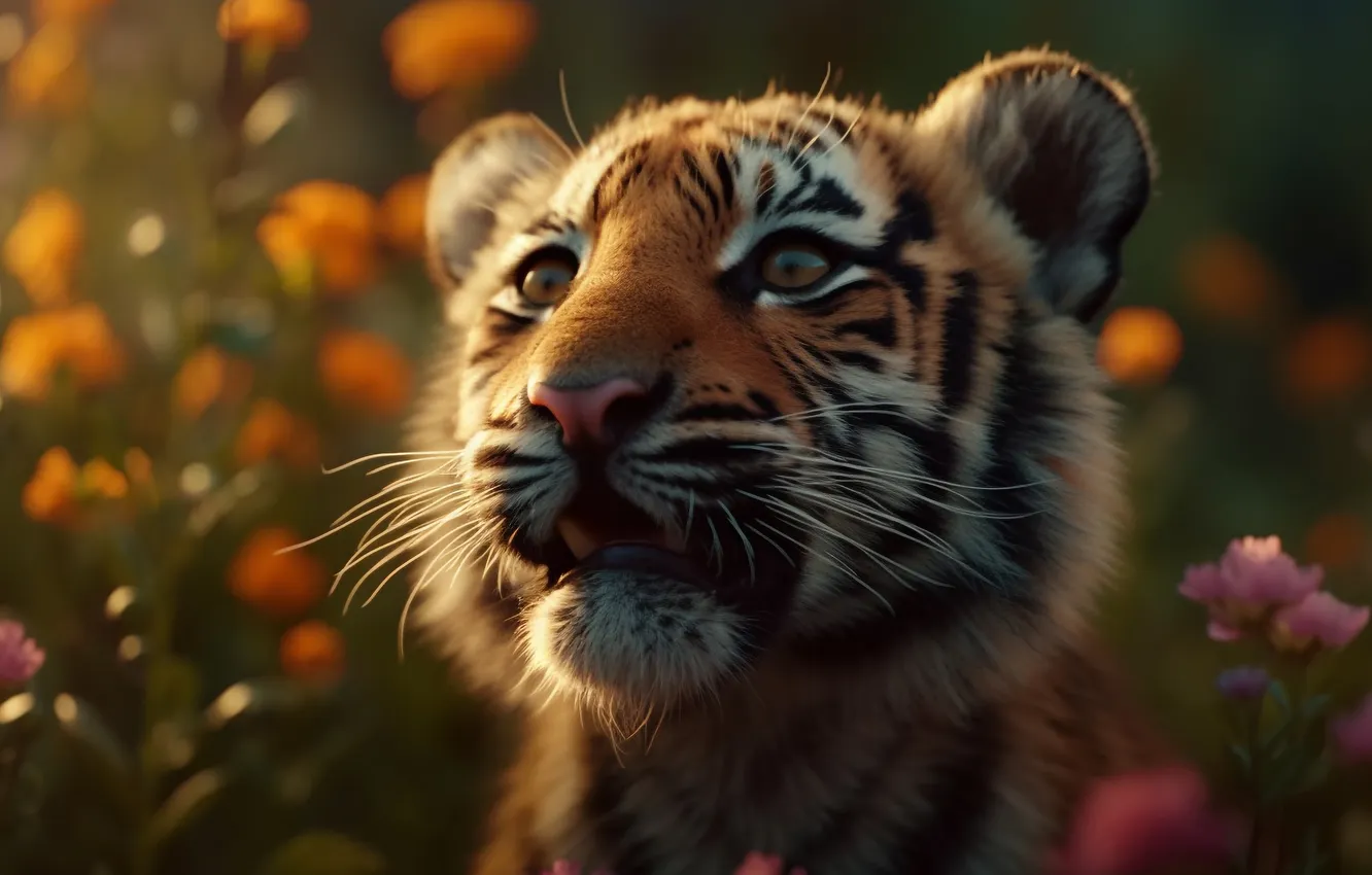 Photo wallpaper look, flowers, nature, tiger, portrait, face, tiger, AI art