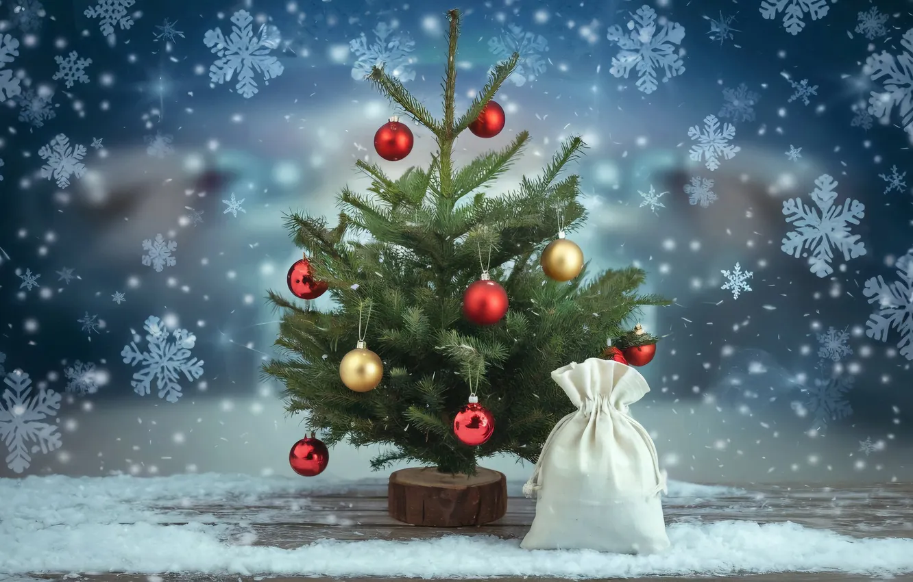 Photo wallpaper winter, balls, snow, snowflakes, branches, red, gift, new year