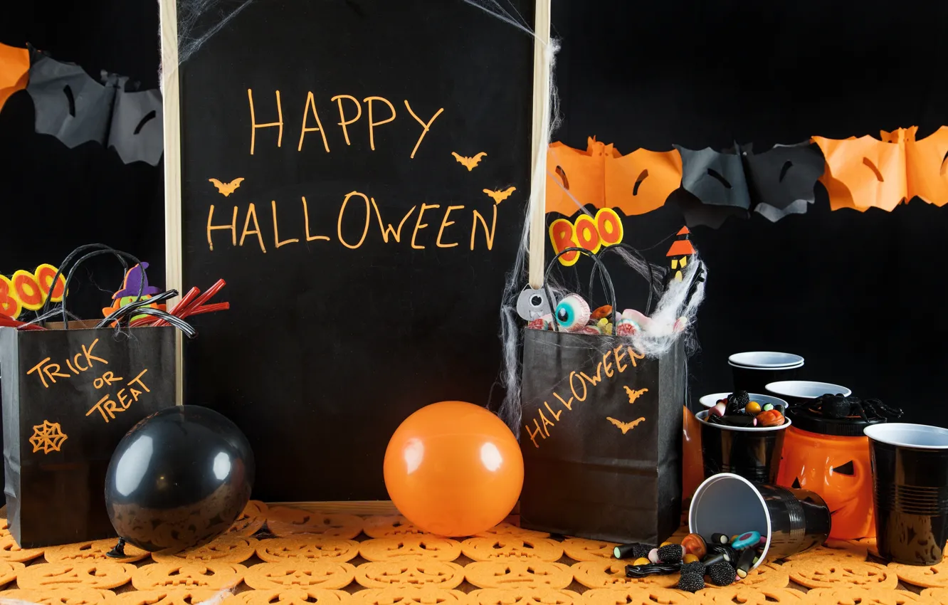 Photo wallpaper holiday, spiders, ball, candles, pumpkin, glasses, garland, Halloween