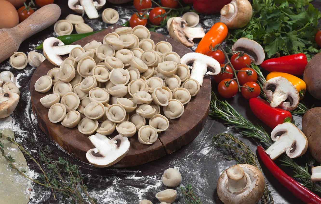 Photo wallpaper greens, mushrooms, vegetables, tomatoes, dumplings