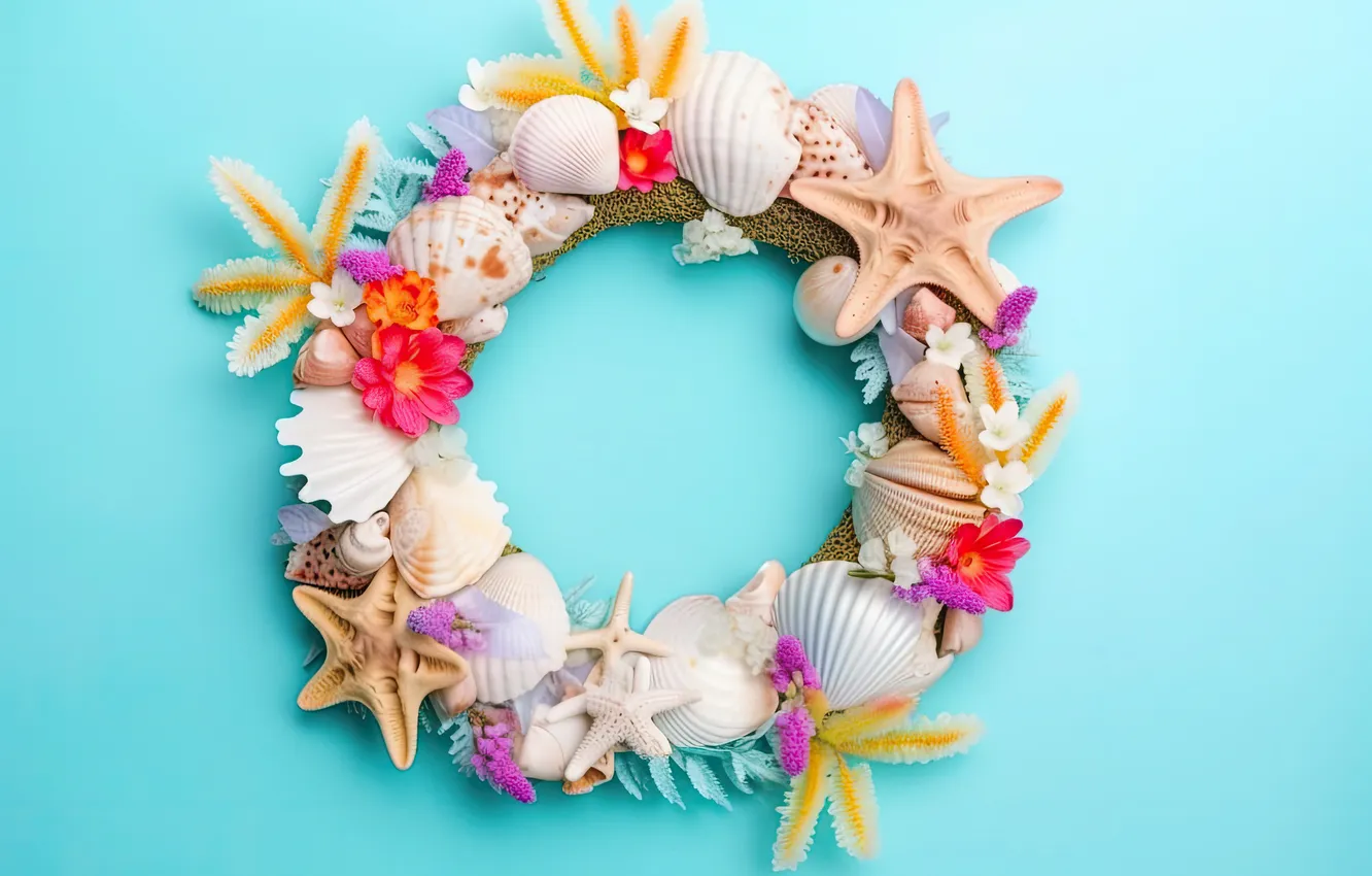 Photo wallpaper stars, flowers, background, shell, blue, flowers, background, marine