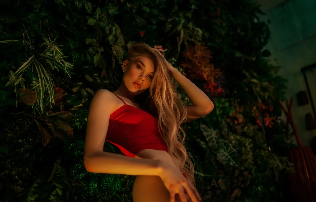 Photo wallpaper greens, leaves, girl, flowers, pose, hands, blonde, top