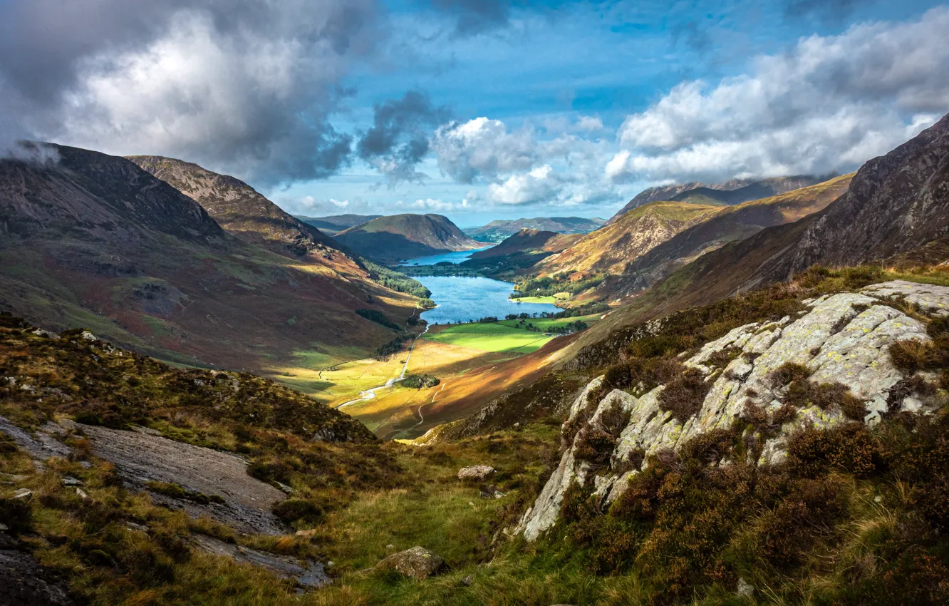 Photo wallpaper landscape, mountains, nature, valley, UK, lake, The lake district, Lake District
