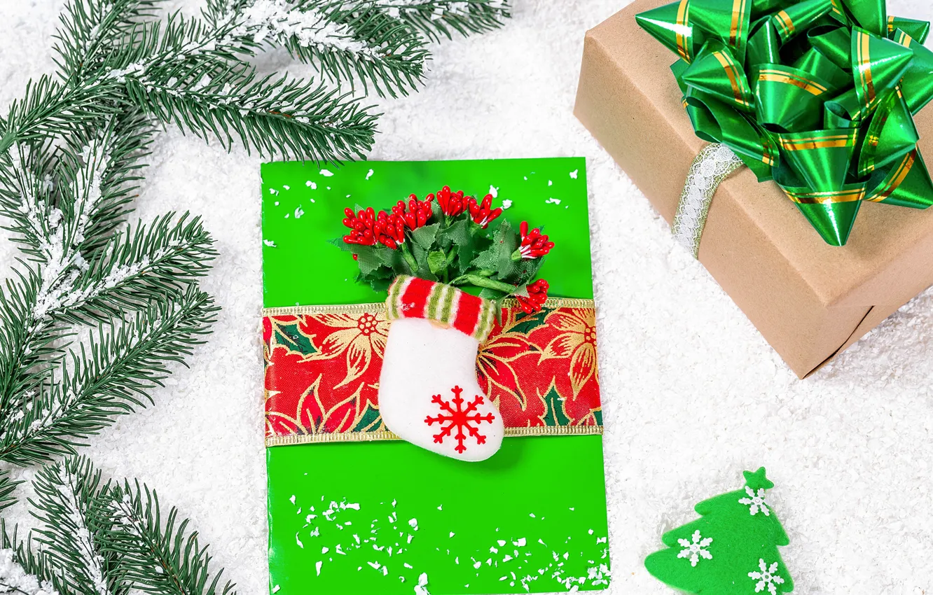 Photo wallpaper branches, box, gift, new year, needles