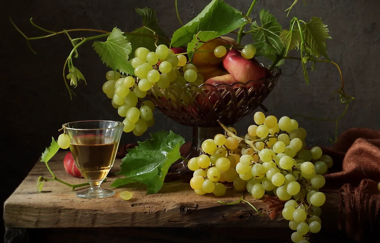 Photo wallpaper wine, glass, grapes, peaches