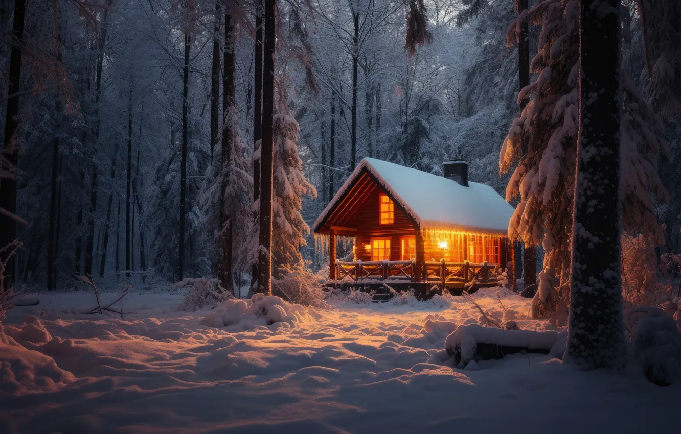 Photo wallpaper winter, forest, snow, house, house, hut, forest, winter