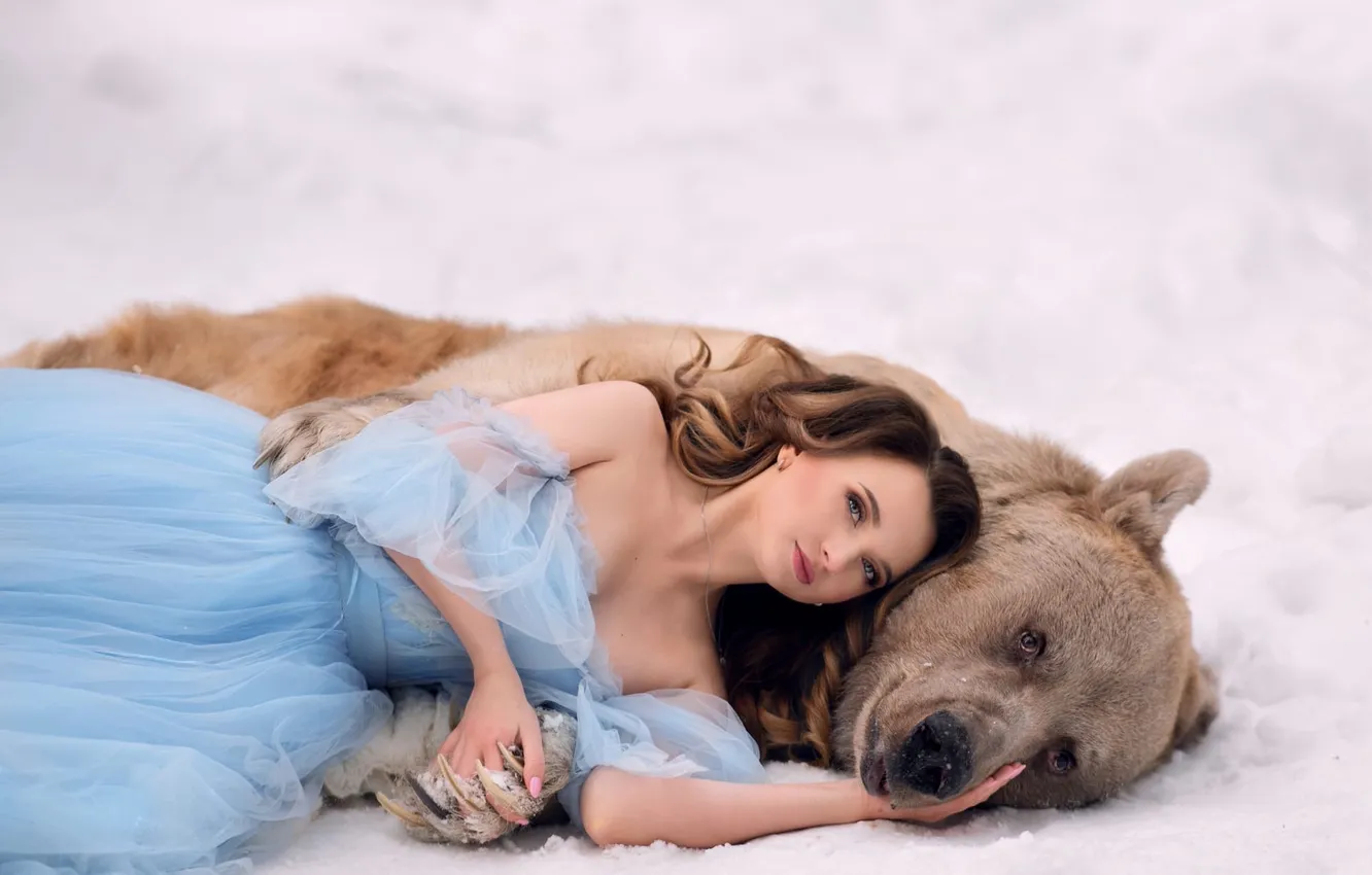 Photo wallpaper winter, look, girl, snow, nature, pose, bear, costume