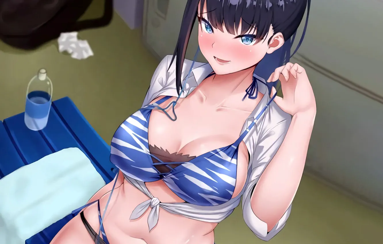 Photo wallpaper girl, sexy, cleavage, blouse, long hair, boobs, anime, beautiful