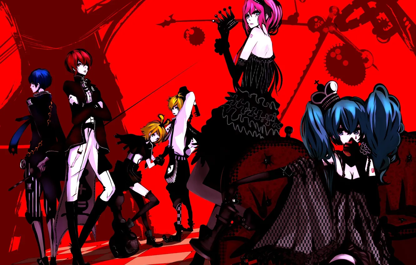 Photo wallpaper anime, art, vocaloid, Vocaloid, red background, characters