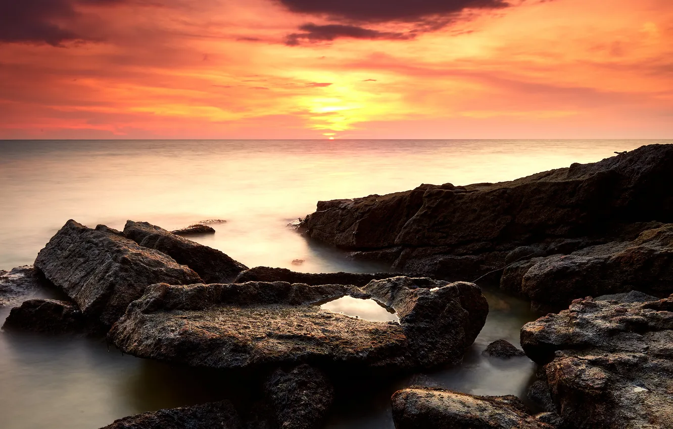 Photo wallpaper sea, the sky, clouds, sunset, stones, rocks