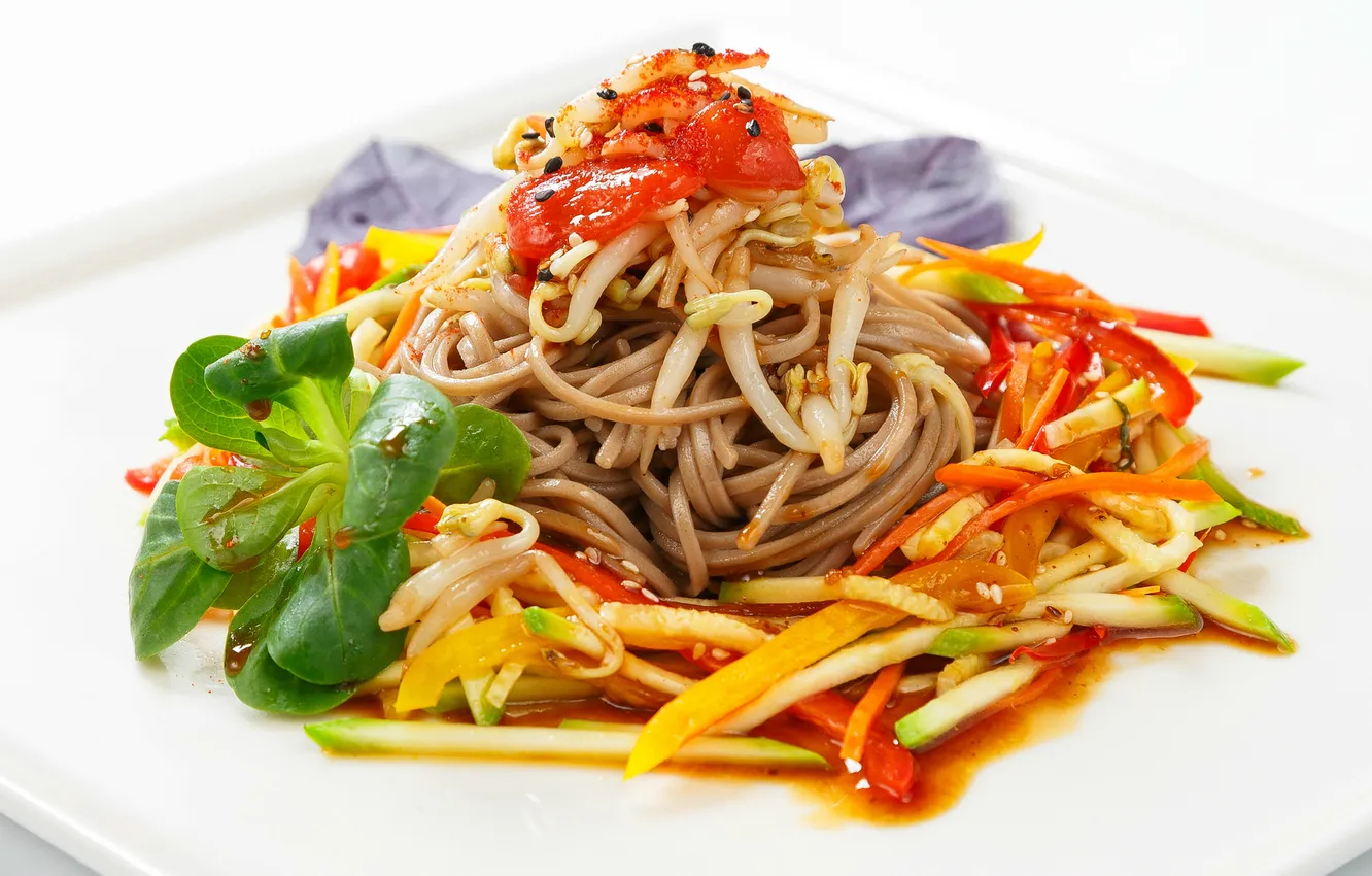 Photo wallpaper vegetables, spaghetti, sauce, pasta, Basil