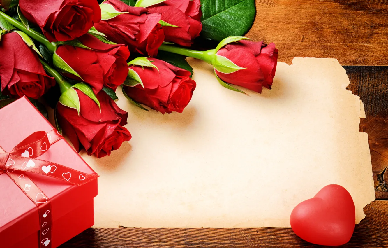 Photo wallpaper flowers, gift, roses, bouquet, red, heart