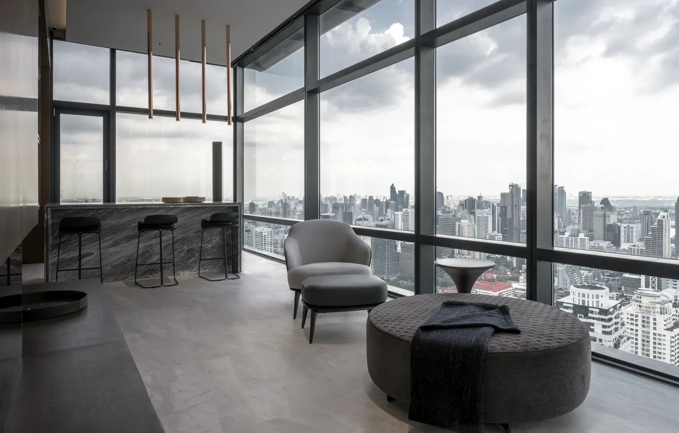 Photo wallpaper interior, kitchen, New York, megapolis, living room, by ONG&ONGPte, FHM Bachelor Apartment